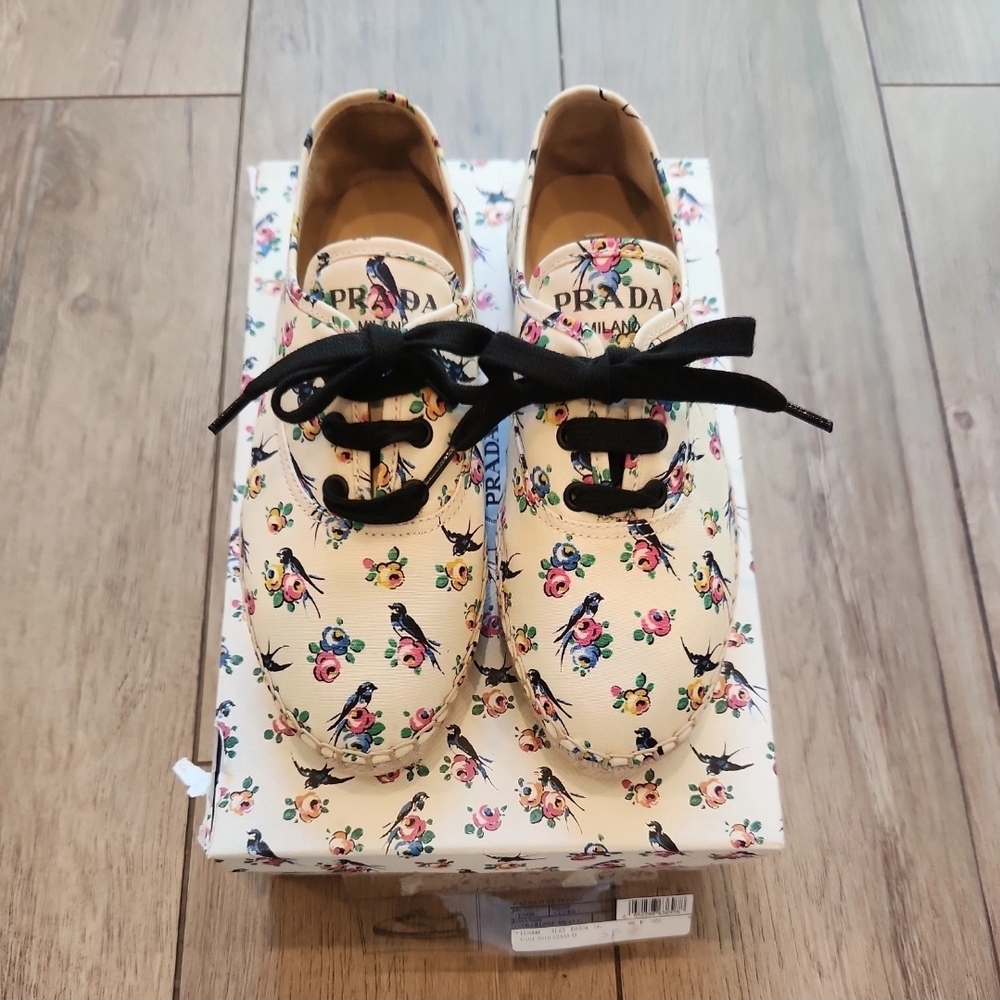 Prada Womens Floral Cream Sneakers